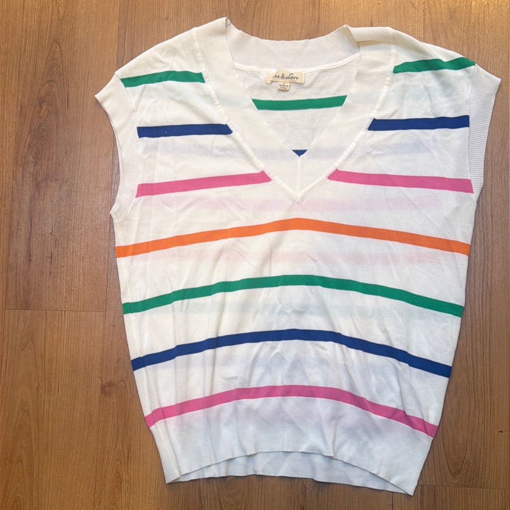 Vine & Love White Sweater Vest with Green, Blue, Pink & Orange Stripes